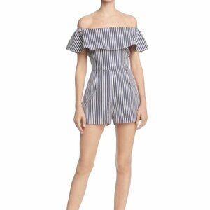 AQUA Womens Blue & Ivory Striped Ruffle Romper